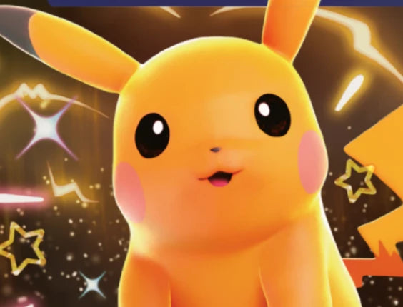 Pikachu looking inquisitively from the Paldean Fates marketing material 